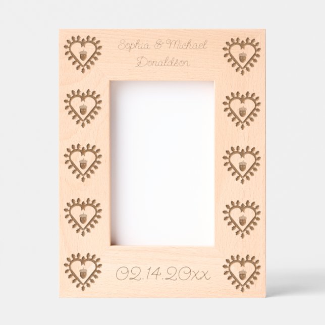 Valentines Day Love Heart Acorn Custom Wedding Etched Frames (Front)