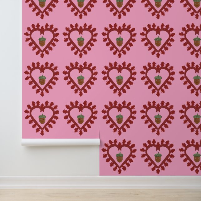 Valentines Day Love Heart Acorn Patterned Wallpaper (Application)
