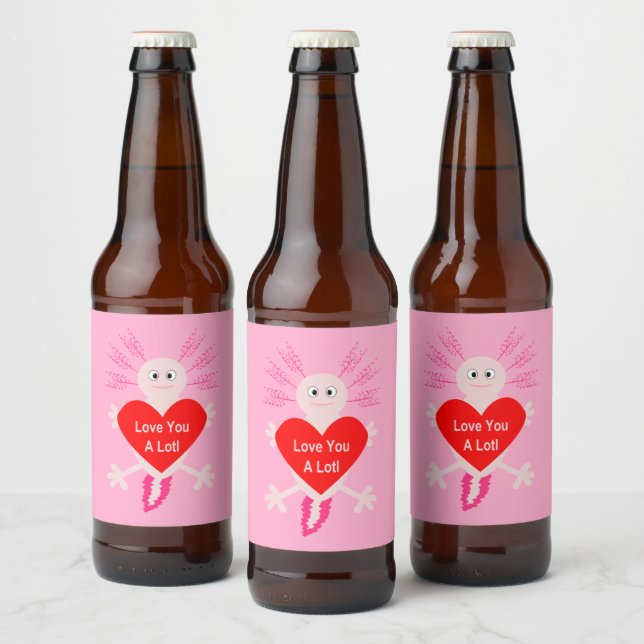 Valentines Day Love Heart Axolotl Beer Bottle Label (Bottles)