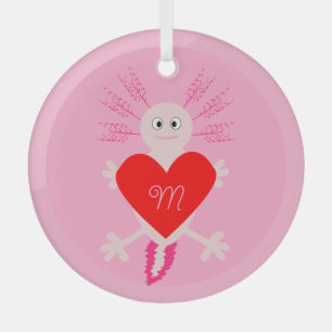 Valentines Day Love Heart Axolotl Custom Monogram Glass Tree Decoration