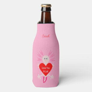 Valentines Day Love Heart Axolotl Custom Name Bottle Cooler