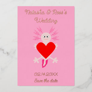 Valentines Day Love Heart Axolotl Custom Wedding Foil Holiday Card