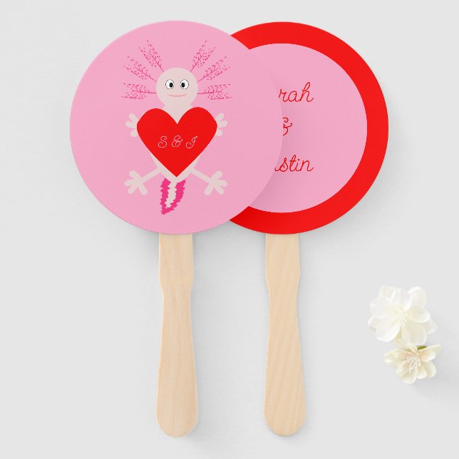 Valentines Day Love Heart Axolotl Custom Wedding Hand Fan (Front and Back)