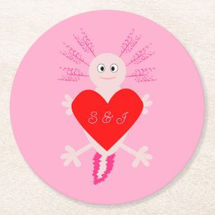 Valentines Day Love Heart Axolotl Custom Wedding Round Paper Coaster