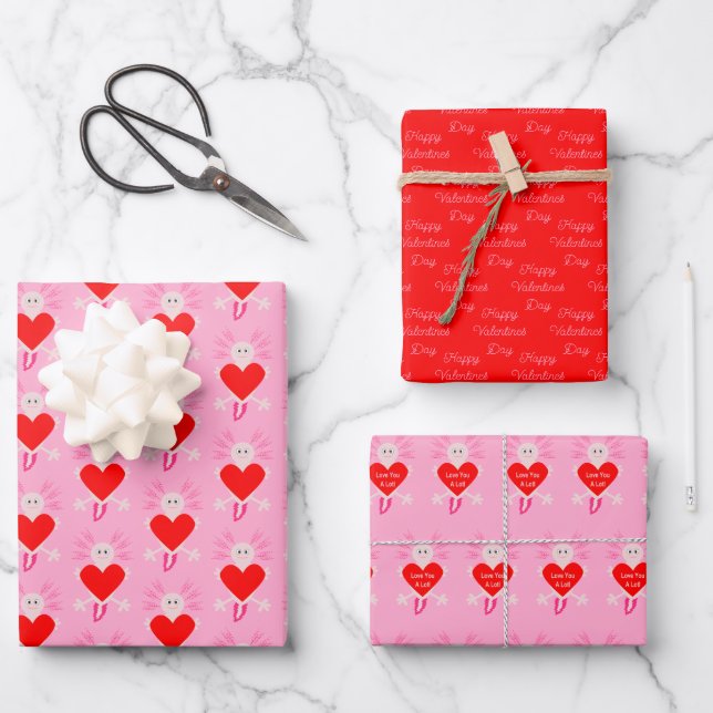 Valentines Day Love Heart Axolotl Custom Wrapping Paper Sheet (Front)