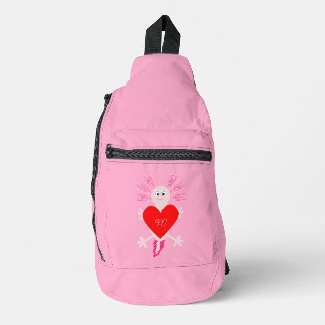 Valentines Day Love Heart Axolotl Monogrammed Sling Bag (Front)