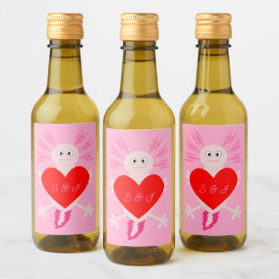 Valentines Day Love Heart Axolotl Wedding Monogram Wine Label