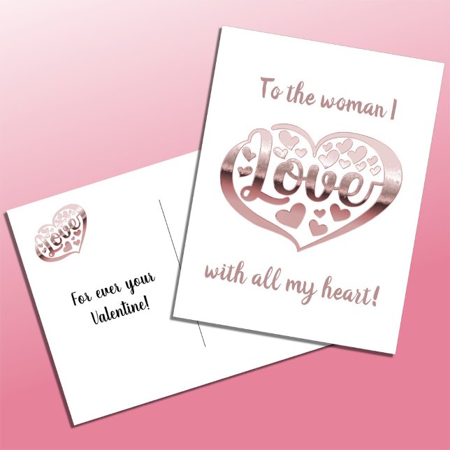 Valentines day love heart metallic rose gold white holiday postcard (Creator Uploaded)
