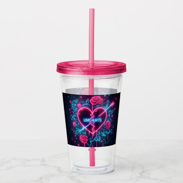 Valentine's Day Love Hurts Neon Heart Acrylic Tumbler (Front)