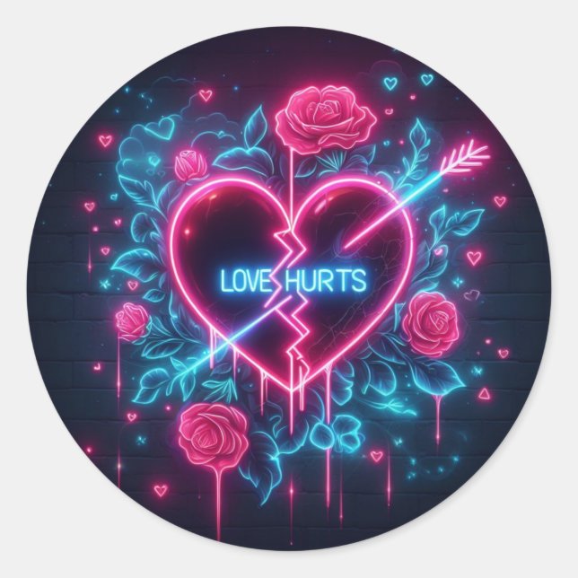 Valentine's Day Love Hurts Neon Heart Classic Round Sticker (Front)