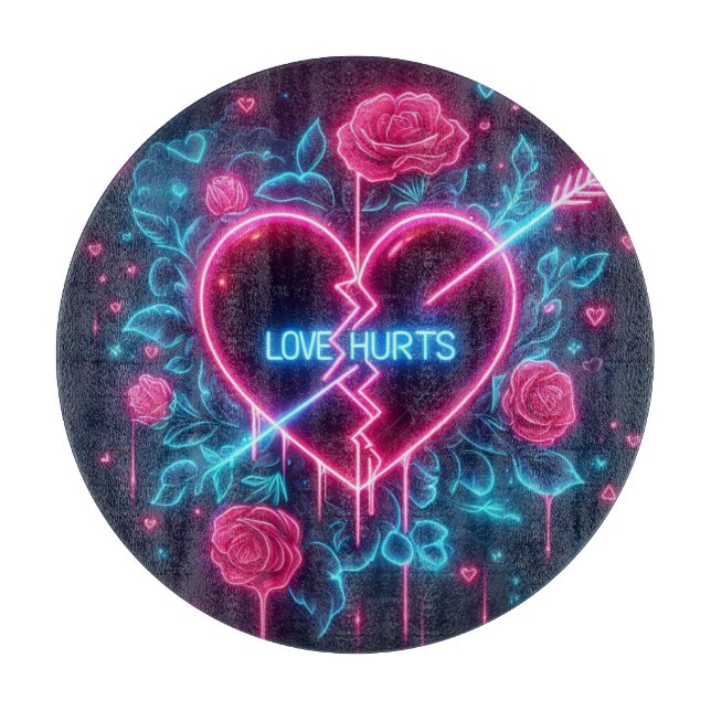 Valentine's Day Love Hurts Neon Heart Cutting Board (Front)