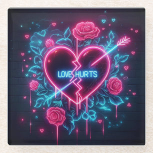 Valentine's Day Love Hurts Neon Heart Glass Coaster