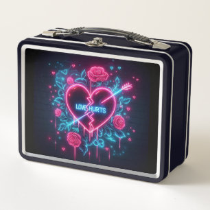Valentine's Day Love Hurts Neon Heart Metal Lunch Box