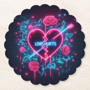 Valentine's Day Love Hurts Neon Heart Paper Coaster