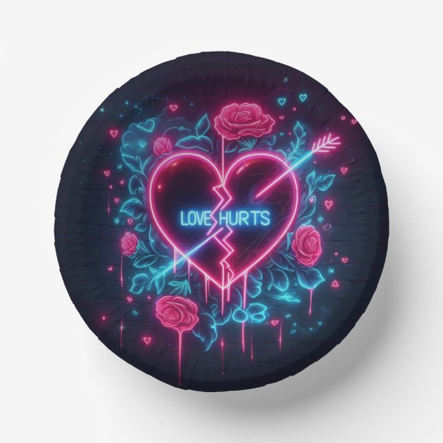 Valentine's Day Love Hurts Neon Heart Paper Plate (Front)