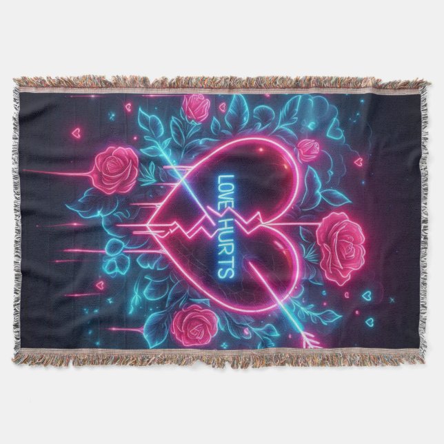 Valentine's Day Love Hurts Neon Heart Throw Blanket (Front)