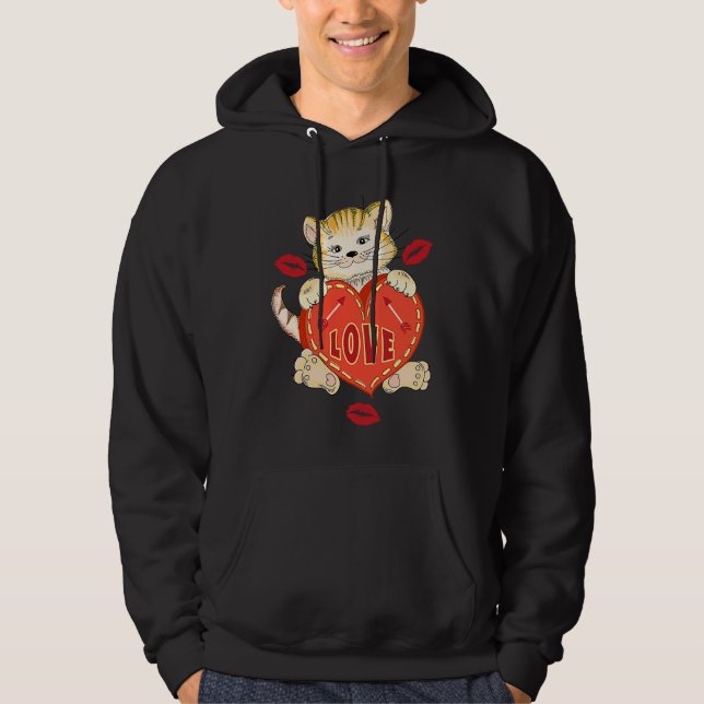 Valentines Day Love Kitten holds Heart Hoodie (Front)