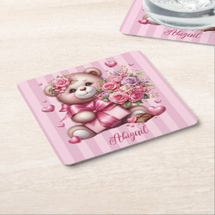Valentines Day Love Rose Bear Square Paper Coaster