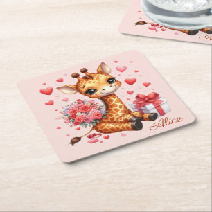Valentines Day Love Rose Bouquet Giraffe Square Paper Coaster