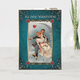 Valentine's Day. Man and woman sitting on the moon Holiday Card