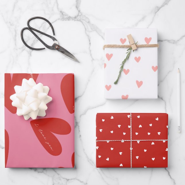 Valentine's Day Modern Red & Pink Hearts Script Wrapping Paper Sheet (Front)