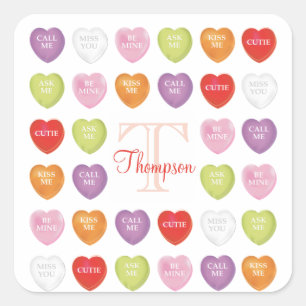 Valentine's Day Monogram Cute Heart Candy Throw Pi Square Sticker