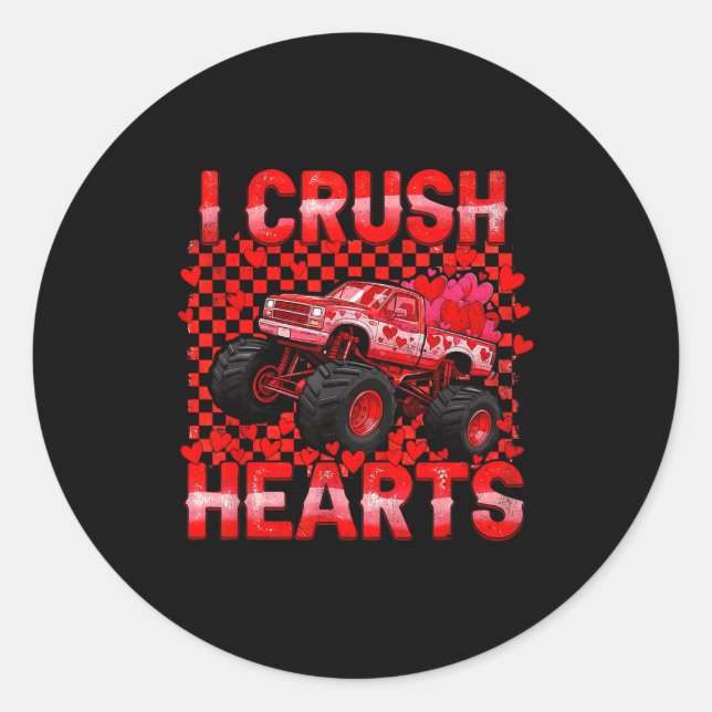 Valentines Day Monster Truck Crush Hearts Toddler  Classic Round Sticker (Front)