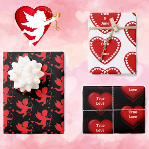 Valentine's Day Names Cupid Hearts Red White 3 Wrapping Paper Sheet