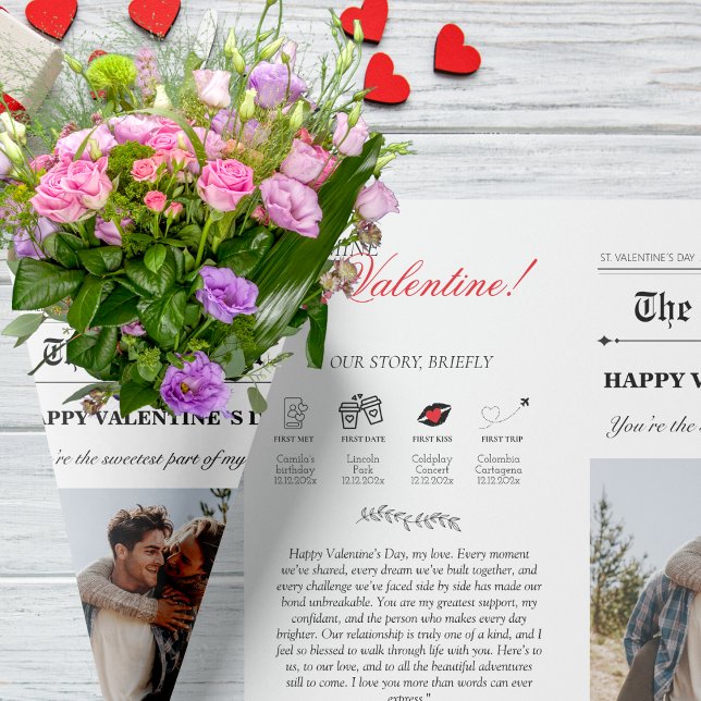 Valentines Day Newspaper Flower Bouquet Red Heart Wrapping Paper Sheet (Valentines Day Newspaper Flower Bouquet Red Heart Wrapping Paper Sheets)