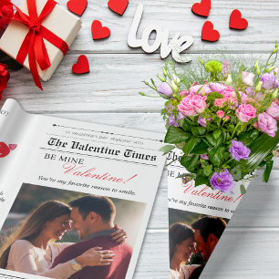 Valentines Day Newspaper Our Love Story Red Heart Wrapping Paper Sheet