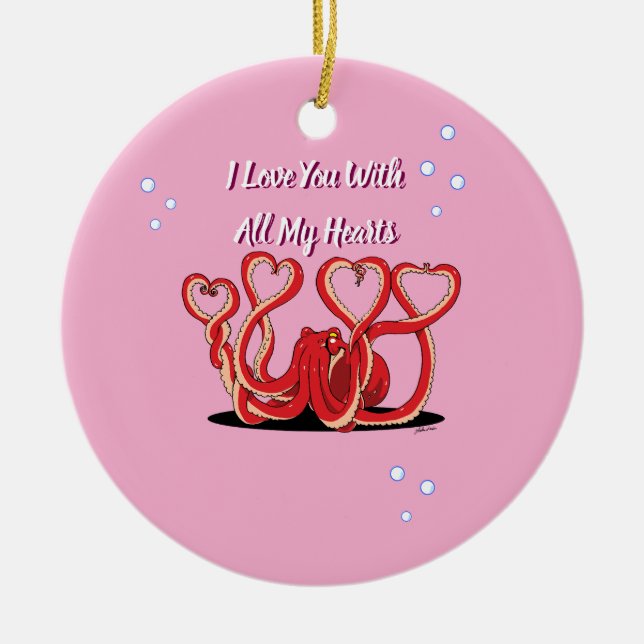 Valentine's Day Octopus Hearts Ceramic Ornament (Front)