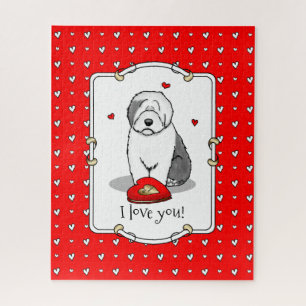 Valentine's Day Old English Sheepdog Gray 1 Cute Jigsaw Puzzle