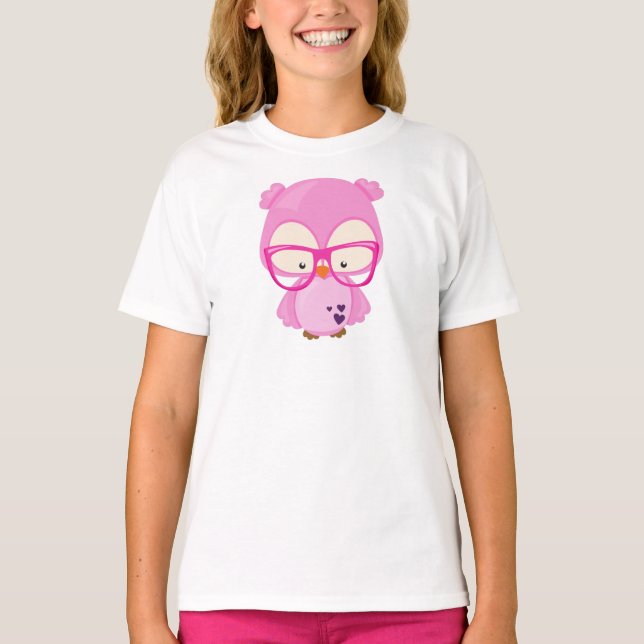 Valentine's Day Owl, Pink Owl, Glasses, Hearts T-Shirt (Front)