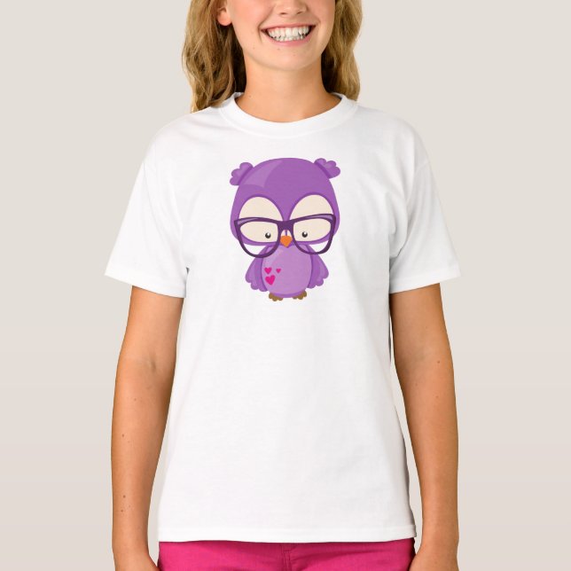 Valentine's Day Owl, Purple Owl, Glasses, Hearts T-Shirt (Front)
