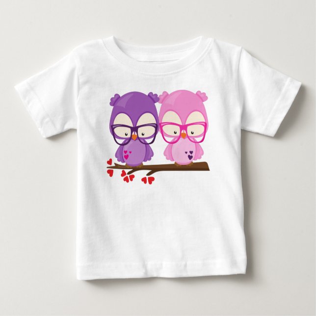 Valentine's Day Owls, Pink Owl, Purple Owl, Hearts Baby T-Shirt (Front)