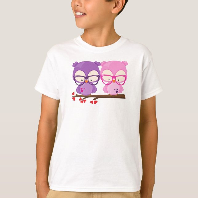 Valentine's Day Owls, Pink Owl, Purple Owl, Hearts T-Shirt (Front)
