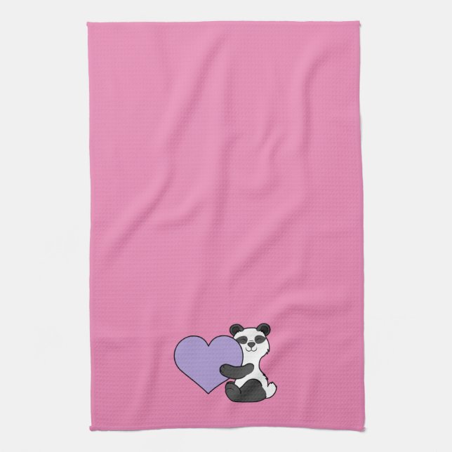 Valentine's Day Panda Bear with Light Purple Heart Tea Towel (Vertical)