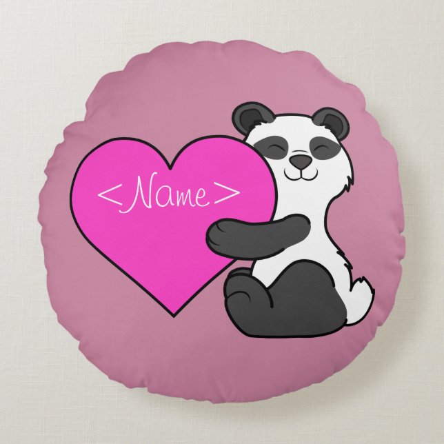 Valentine's Day Panda Bear with Pink Heart Round Cushion (Front)