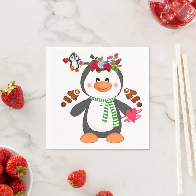 Valentine's Day Paper Napkins, Penguin Hearts Napkin (Insitu)