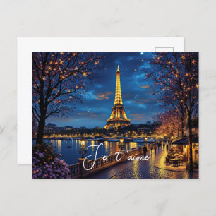 Valentine's Day Paris at Night with Eiffel Tower- Holiday Postcard