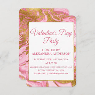Valentine's Day Party Gold Foil & Hot Pink Marble Invitation