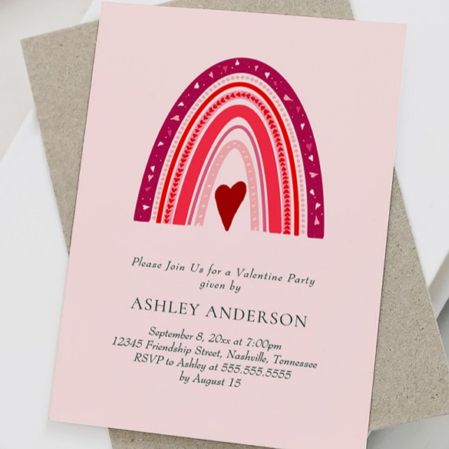 Valentine's Day Party Pink Boho Rainbow  Invitation (Creator Uploaded)