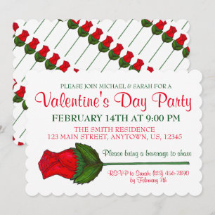 Valentine's Day Party Red Long Stemmed Rose Love Invitation