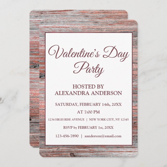 Valentine's Day Party Rose Gold Foil & Rustic Wood Invitation (Front/Back)