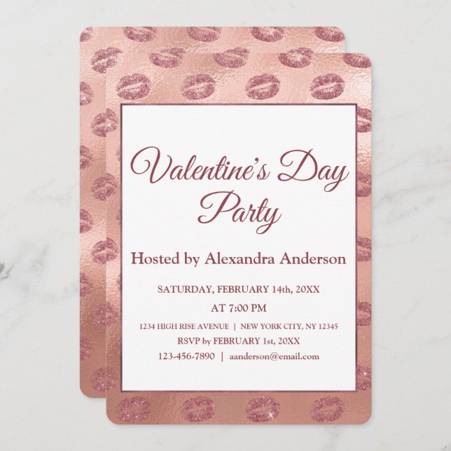 Valentine's Day Party Rose Gold Lips Kisses Invitation (Front/Back)