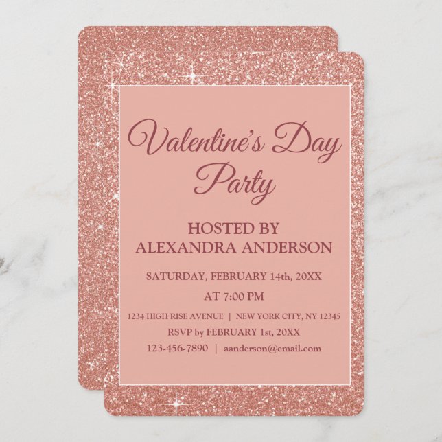 Valentine's Day Party Rose Gold Sparkle & Glitter Invitation (Front/Back)