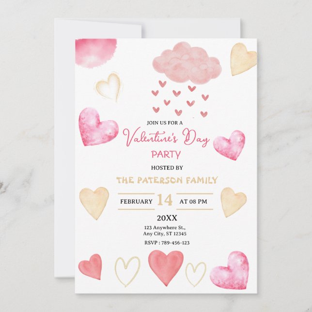 Valentine's Day Party with Red And Gold Hearts Invitation (Front)