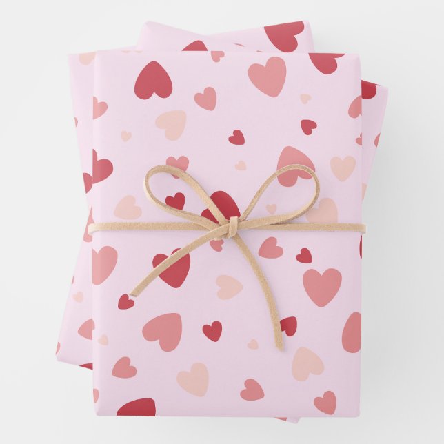 Valentine's Day Pastel Red and Pink Hearts  Wrapping Paper Sheet (In situ)