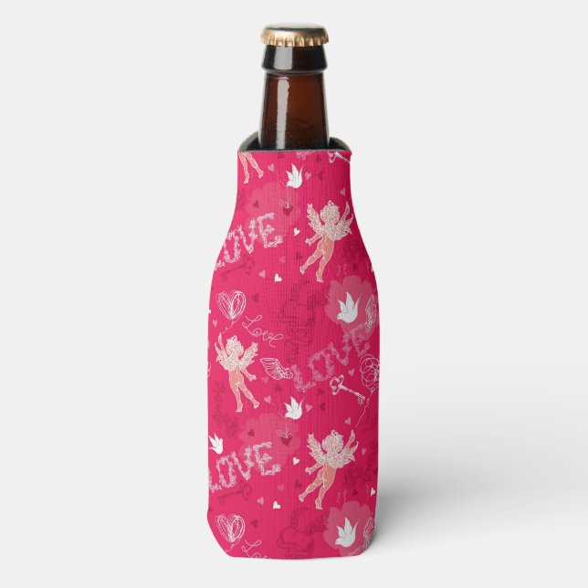 Valentine's Day  Pattern With Cupid Bottle Cooler (Bottle Front)
