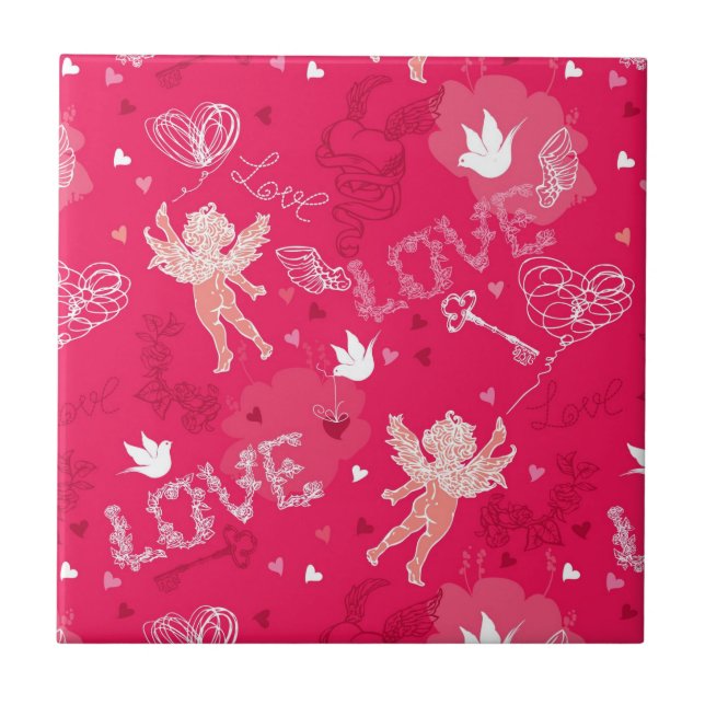 Valentine's Day  Pattern With Cupid Ceramic Tile (Front)
